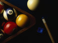 Rack of Pool Balls with Chalk and Cue